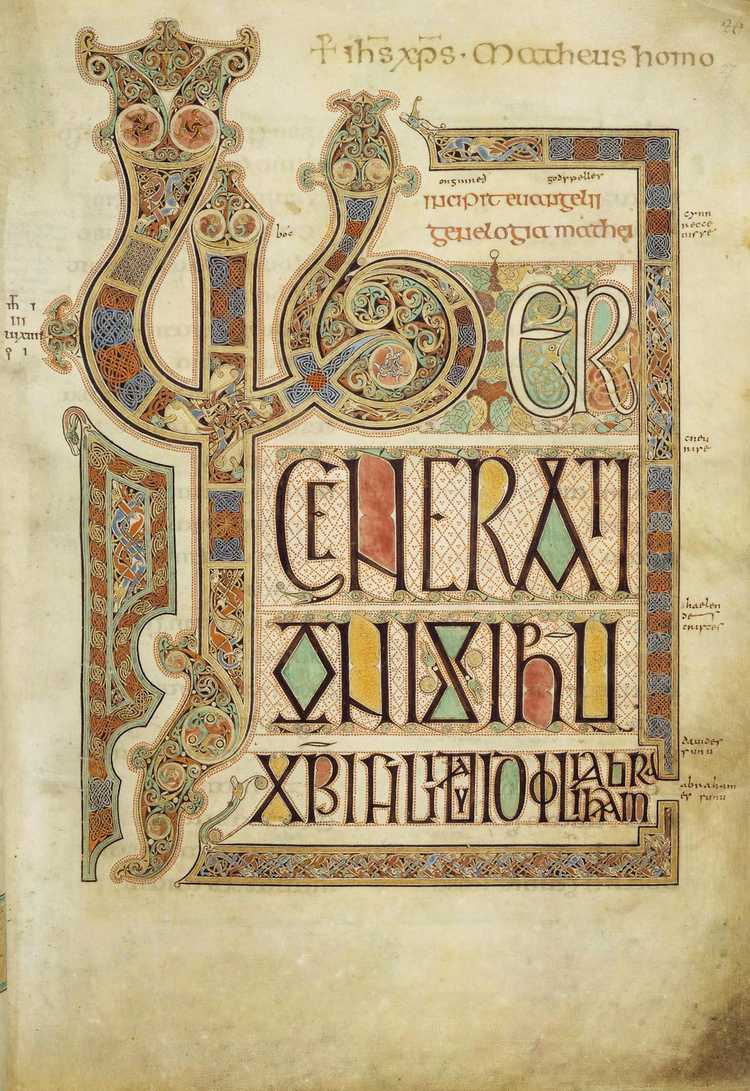 Folio 27r from the Lindisfarne Gospels, incipit to the Gospel of Matthew