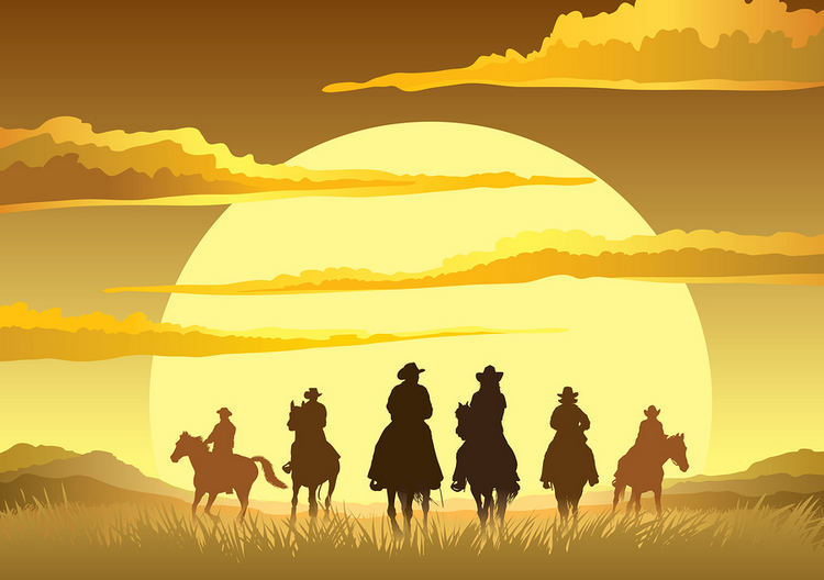Team of cowboys in silhouette galloping against a sunset background