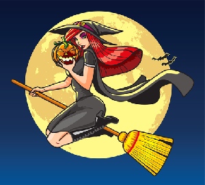 Witch riding her broomstick, holding a jack o' lantern