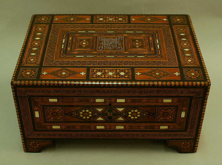 Wooden jewelry box with intricate wood and mother-of-pearl inlay handmade by Frank Hamwi (c.1894-1948)