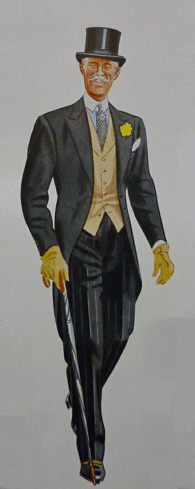 A gentleman in full morning dress with top hat, gloves and walking stick
