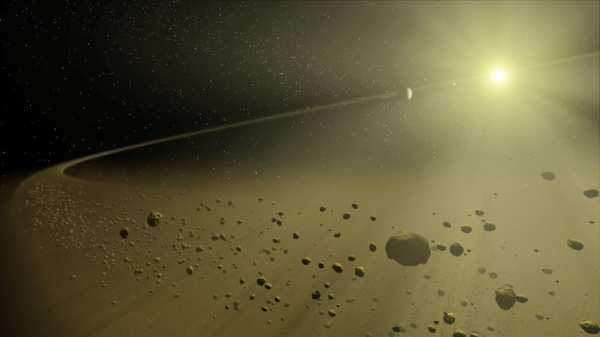 A field of asteroids in space