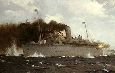 Auxiliary cruiser HMS Rawalpindi as she turns to fight the German battle cruisers