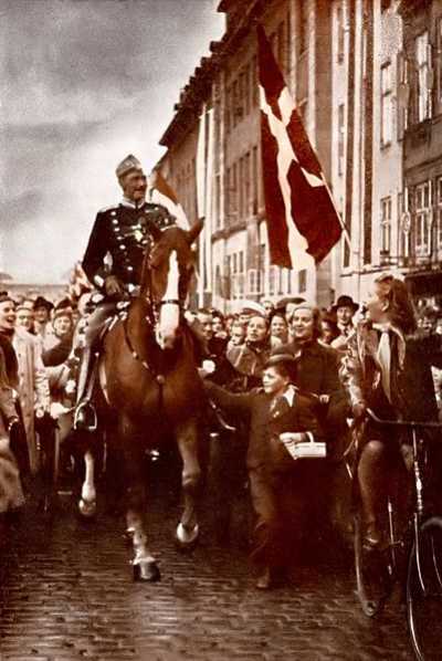 King Christian X riding Jubilee through the streets of Copenhagen during the war. The Danish monarchy remained in Denmark and was a potent unifying force