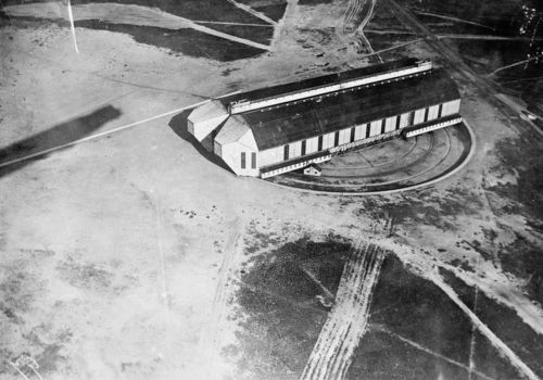 Aerial view of hangar showing its turntable