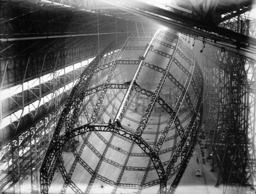 Frame of a zeppelin inside a hangar