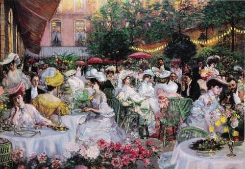 Painting of people dining at the garden terrace at The Ritz