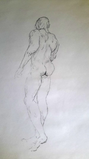 Sketch of a nude standing man from the back