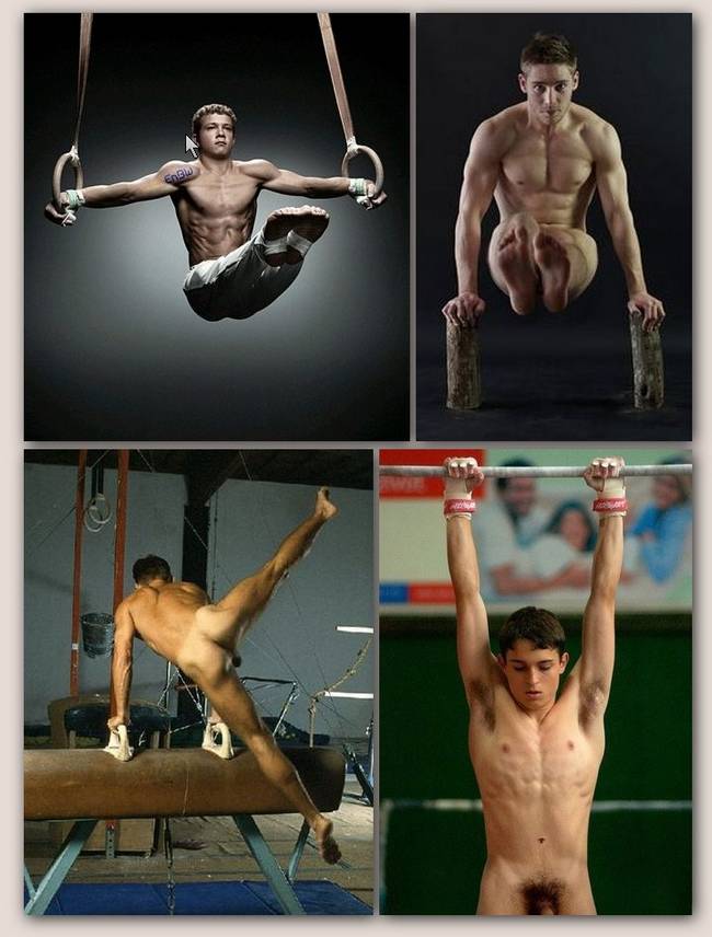 Four images of young men using gymnastic equipment