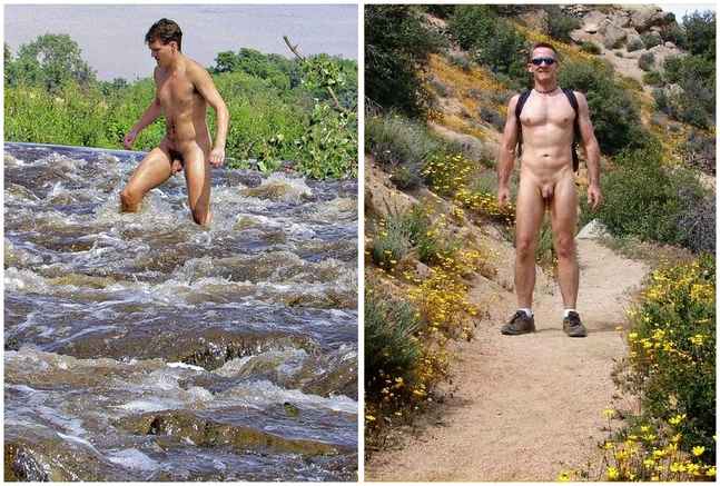 Nude man standing in stream / nude man on hiking trail
