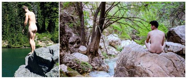 First, nude man standing on rock above water; second, nude man sitting on rock beside a stream