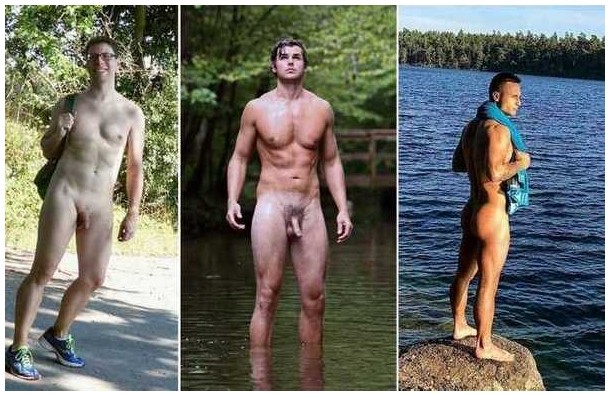 Three nude men in separate images