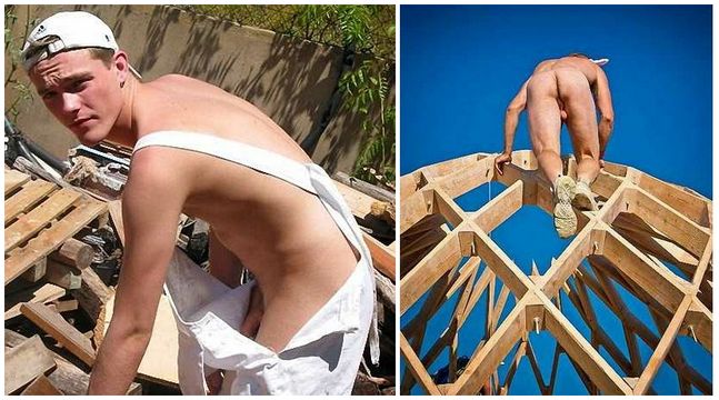 First, man in overalls; second, nude man climbing on building frame