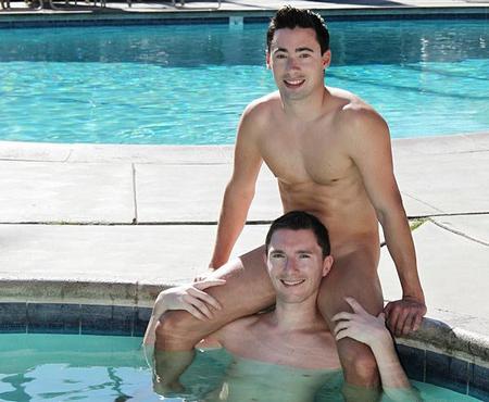 Two men at a swimmimg pool