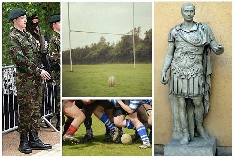 CCF combats uniform; rugby ball and posts; Julius Caesar; rugby scrum