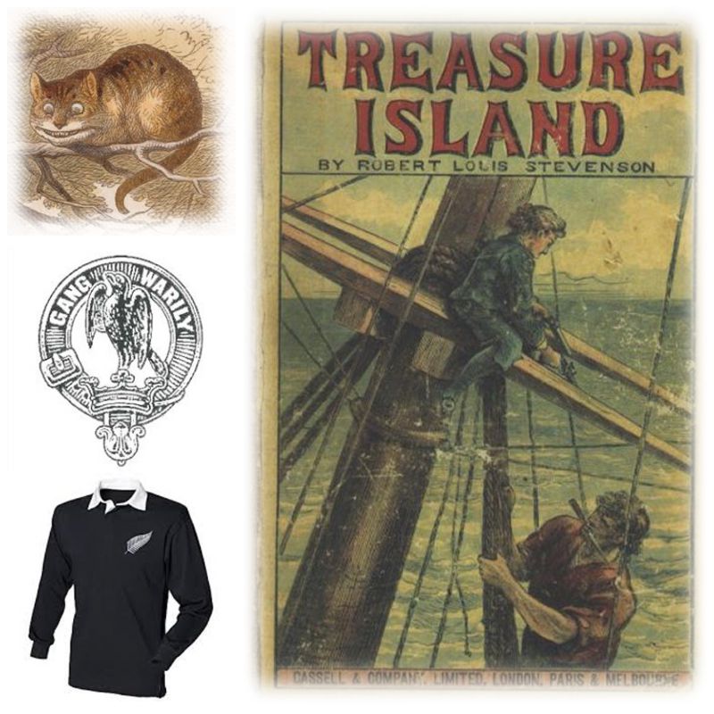 Cheshire cat; Drummond crest; New Zealand Rugby shirt; Treasure Island cover
