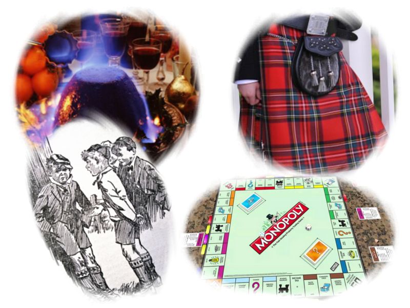 Christmas pudding; kilt and sporran; Monopoly; Just William;