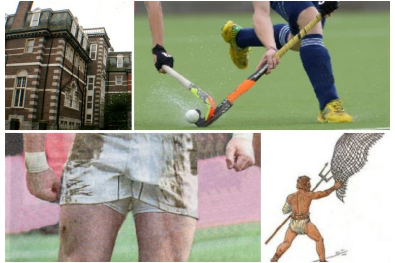 Chelsea College; hockey; gladiator with trident and net; compression pants