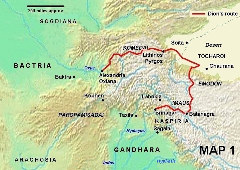 Map detail, showing Dion's route between Alexandria Oxiana and Srinagari