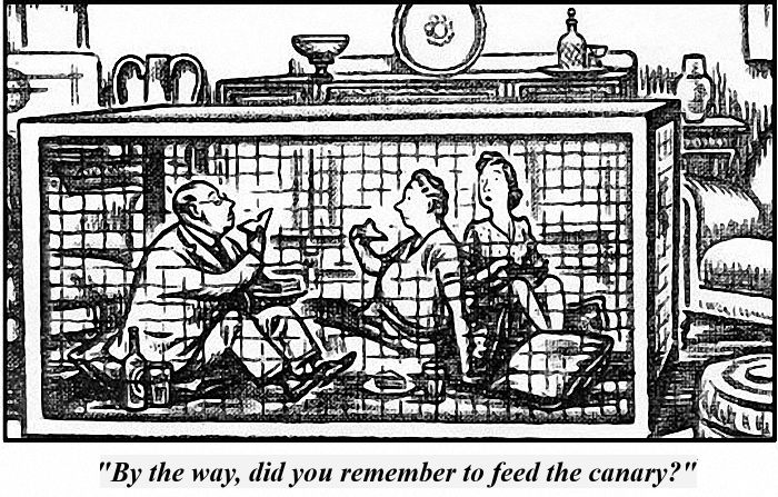 Cartoon of three people sitting in a Morrison shelter. One asks, “By the way, did you remember to feed the canary?”