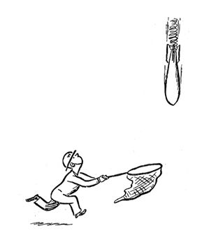 Cartoon of a warden racing with a net to catch a bomb