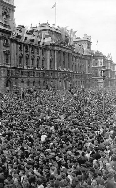 Crowds celebrating in Whitehall