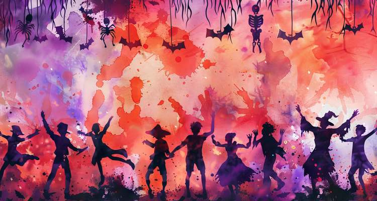 Cartoon people at Halloween dance