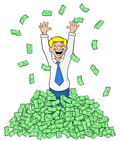 Man with money raining down on him