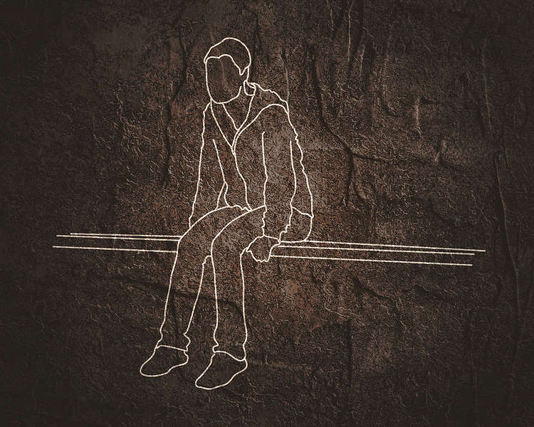 Drawing of a boy sitting on a bench thinking