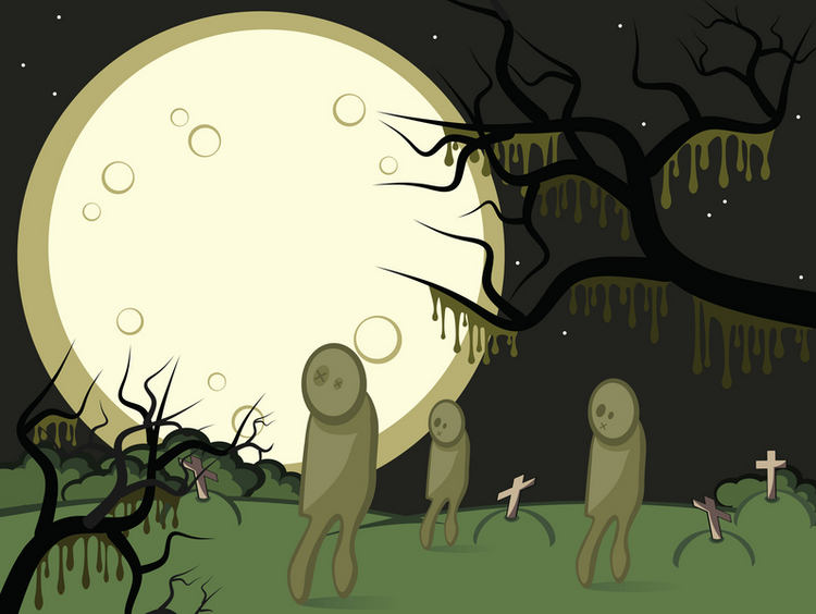 Zombies wander in a cemetery under a full moon